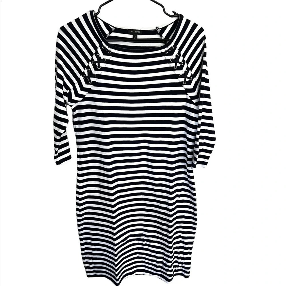 Talbots Nautical Cotton Navy White Stripe Dress S